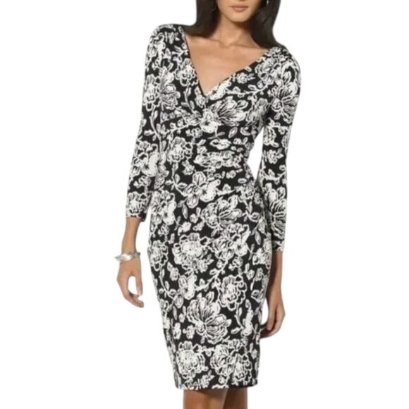 New LAUREN RALPH LAUREN Faux Wrap Dress Size 10 V-Neck Ruched Floral Navy White - Picture 1 of 16